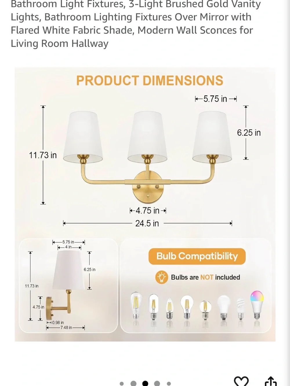 Brushed Gold 3-Light Wall Sconce with White Fabric Shades